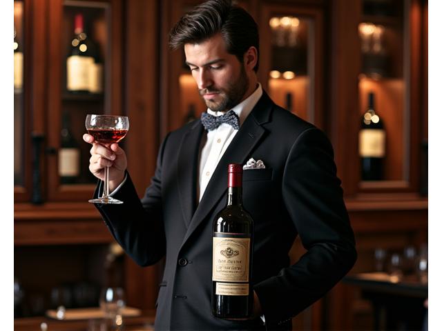 Sommelier présentant une bouteille de vin vintage dans une cave à vin historique.